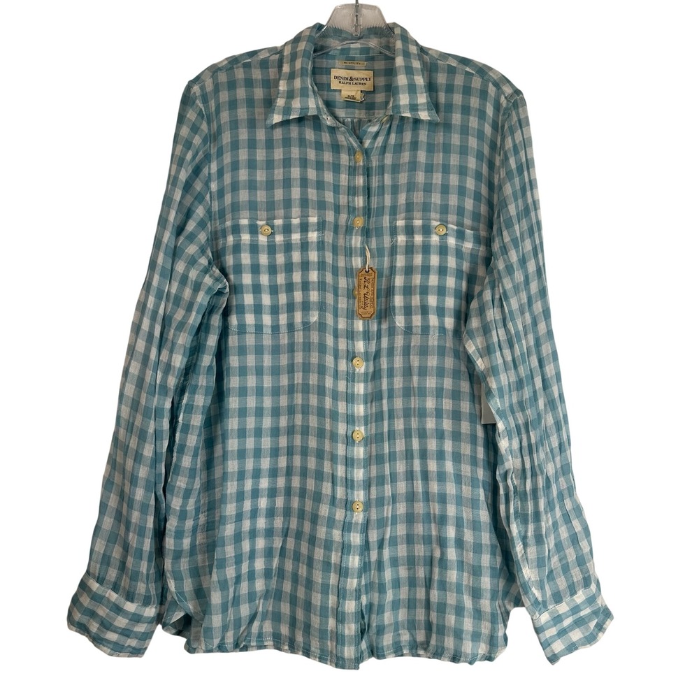 Denim & Supply Ralph Lauren RL Utility Gingham Cotton Shirt Blue White XL